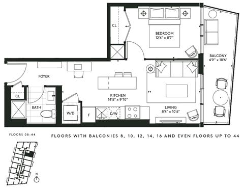 Floor plan for 1 bed, 1 bath, 525 sqft